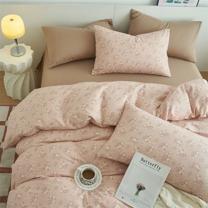 91家纺网 家纺一手货源 找家纺 趣色家纺 2025新款A类全棉双层纱印花四件套 清秋粉