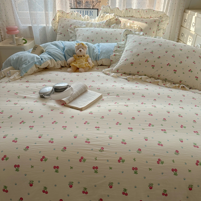 91家纺网 家纺一手货源 找家纺 轻奢坊 2025新款水洗棉密拷花边款 四件套 小樱桃