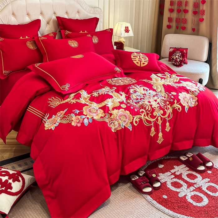 91家纺网 家纺一手货源 找家纺 欧乐蒂 2025新款亲肤棉刺绣婚庆四件套 金龙瑞凤