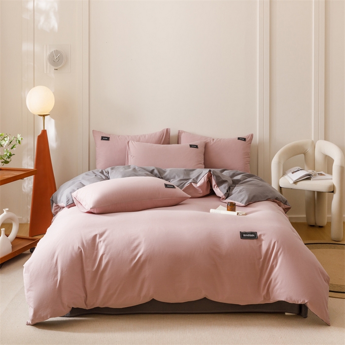 91家纺网 家纺一手货源 找家纺 趣色家纺 2025新款全棉双拼纯色四件套 香芋+浅灰