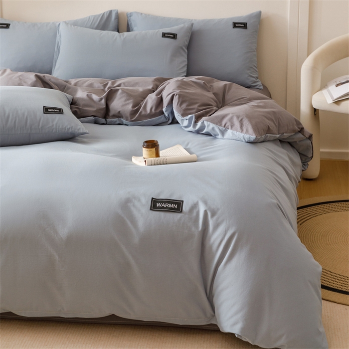 91家纺网 家纺一手货源 找家纺 趣色家纺 2025新款全棉双拼纯色四件套 雾霾蓝+浅灰