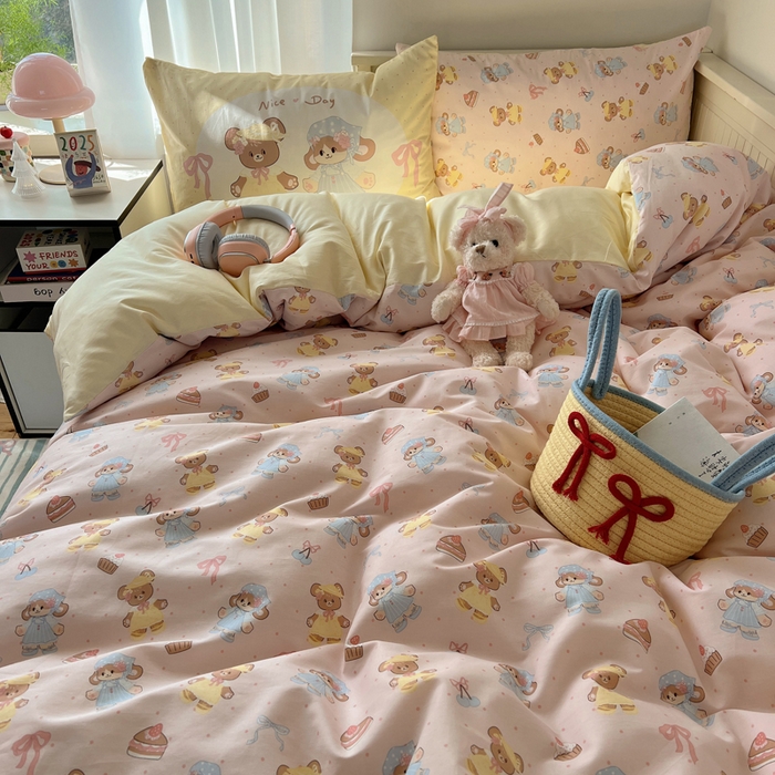 91家纺网 家纺一手货源 找家纺 丽涵 2025新款全棉13372小清新印花四件套 幸运小熊熊