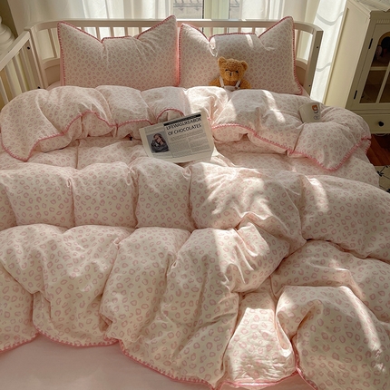 三朵 2025新款全棉双层纱三角针四件套 粉红少女