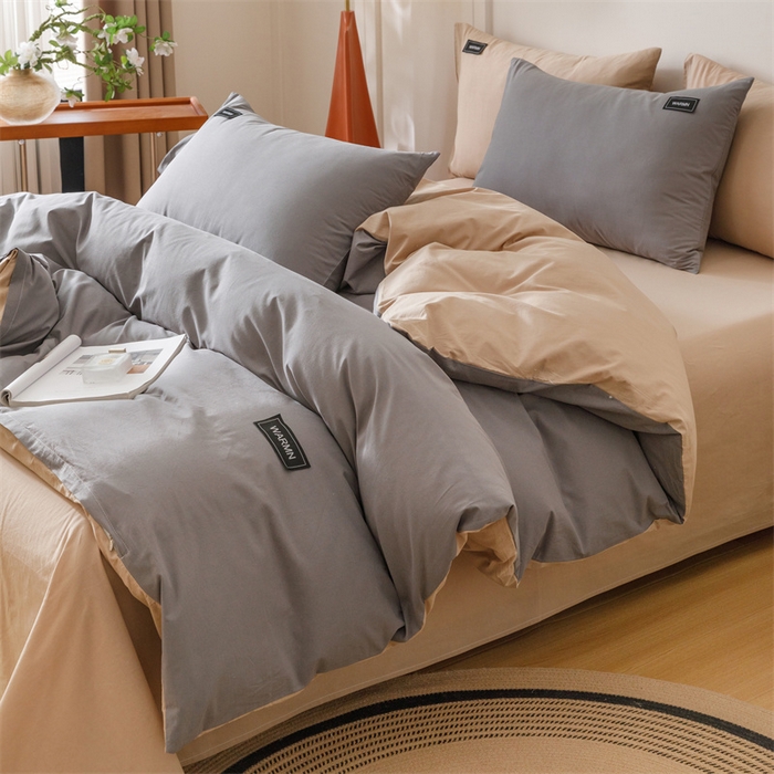 91家纺网 家纺一手货源 找家纺 趣色家纺 2025新款全棉双拼纯色四件套 浅灰+卡其