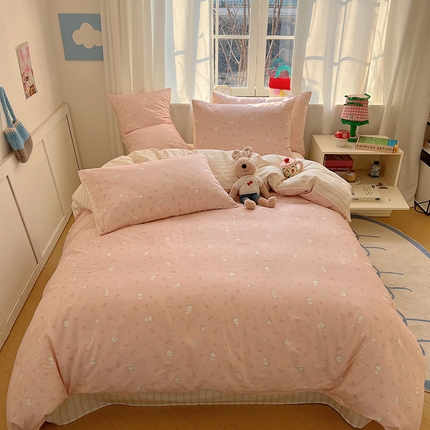 91家纺网 家纺一手货源 找家纺 2025春季新款13372全棉印花四件套-小清新系列 玉兔（粉）