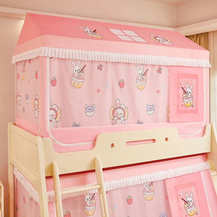 91家纺网 家纺一手货源 找家纺 迪凡保罗蚊帐 2025新款2504专版印花遮光帘上下铺子母蚊帐-城堡款 粉红兔兔