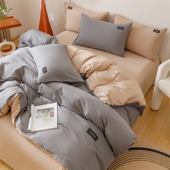 91家纺网 家纺一手货源 找家纺 趣色家纺 2025新款全棉双拼纯色四件套 浅灰+卡其
