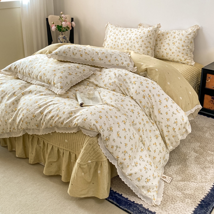 91家纺网 家纺一手货源 找家纺 梦可莱家居 2025新款全棉韩版蕾丝边床盖四件套 花儿