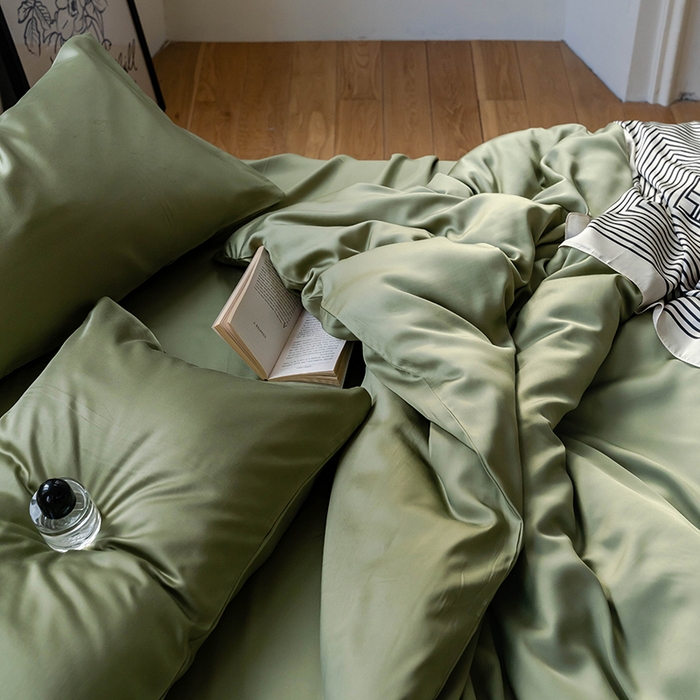 91家纺网 家纺一手货源 找家纺  沐晴家纺 2026春夏新款纯色兰精天丝四件套双拼单被套单床笠床单枕套 欧芹绿