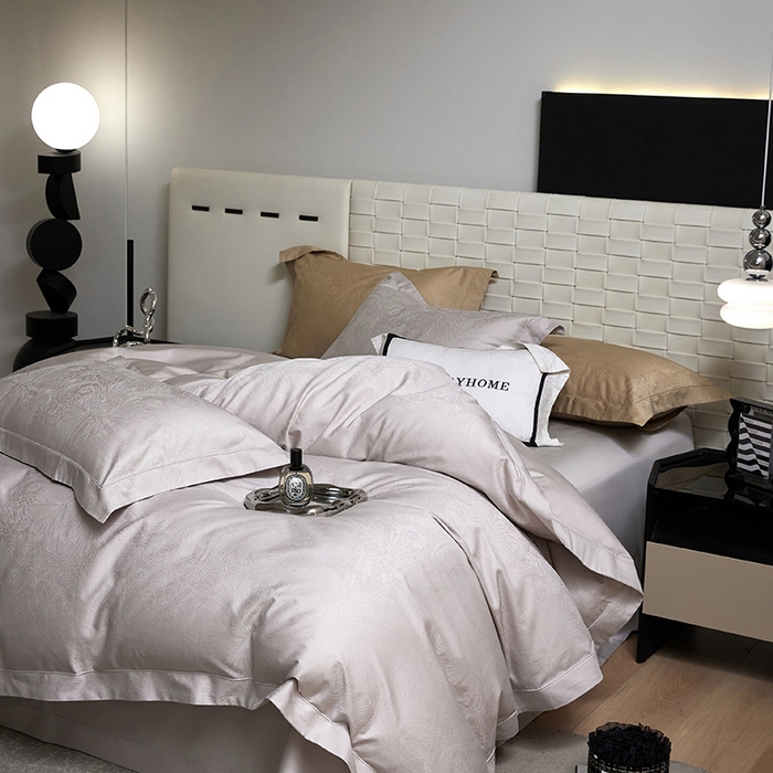 91家纺网 家纺一手货源 找家纺 榻尚家居 2025新款长绒棉贡缎提花手工立体埋绳工艺四件套礼盒包装 洛奇（时尚灰）