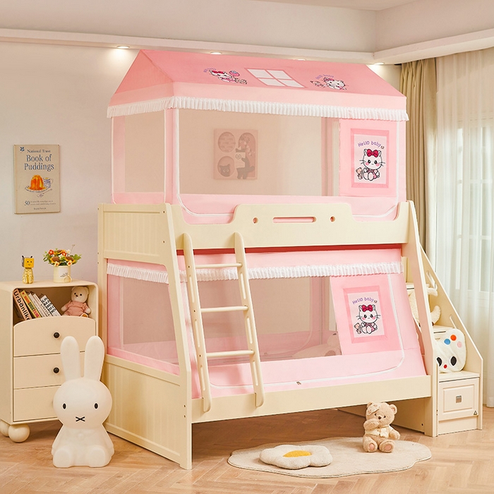 91家纺网 家纺一手货源 找家纺 迪凡保罗蚊帐 2025新款2504专版印花遮光帘上下铺子母蚊帐-城堡款 俏皮猫