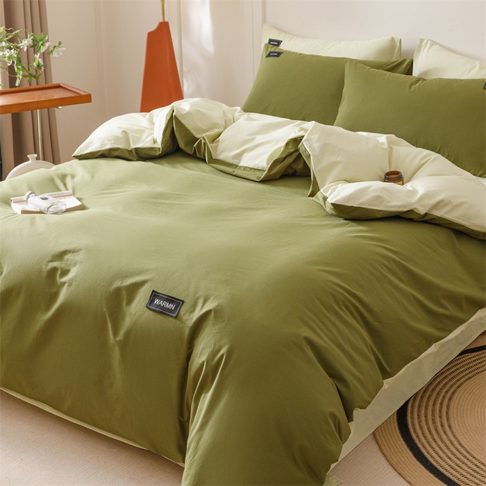 91家纺网 家纺一手货源 找家纺 趣色家纺 2025新款全棉双拼纯色四件套 草绿+抹茶