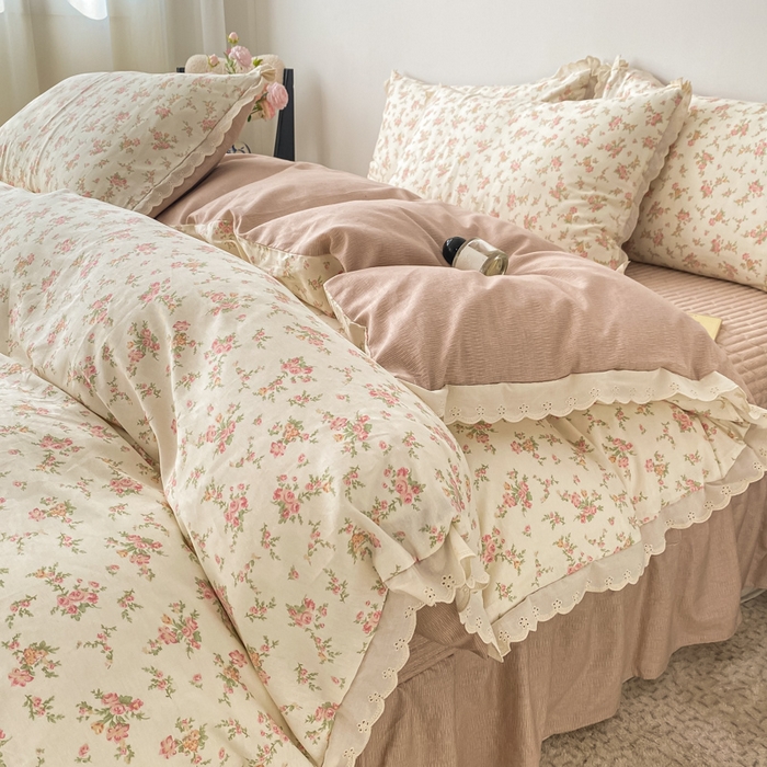 91家纺网 家纺一手货源 找家纺 梦可莱家居 2025新款全棉韩版蕾丝边床盖四件套 美可可