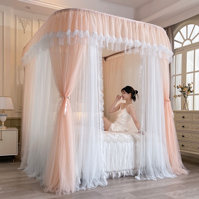 91家纺网 家纺一手货源 找家纺 宝莱利 2025年新款拉幕导轨蚊帐（可升降合金弯头支架）-田园风情 玫瑰粉