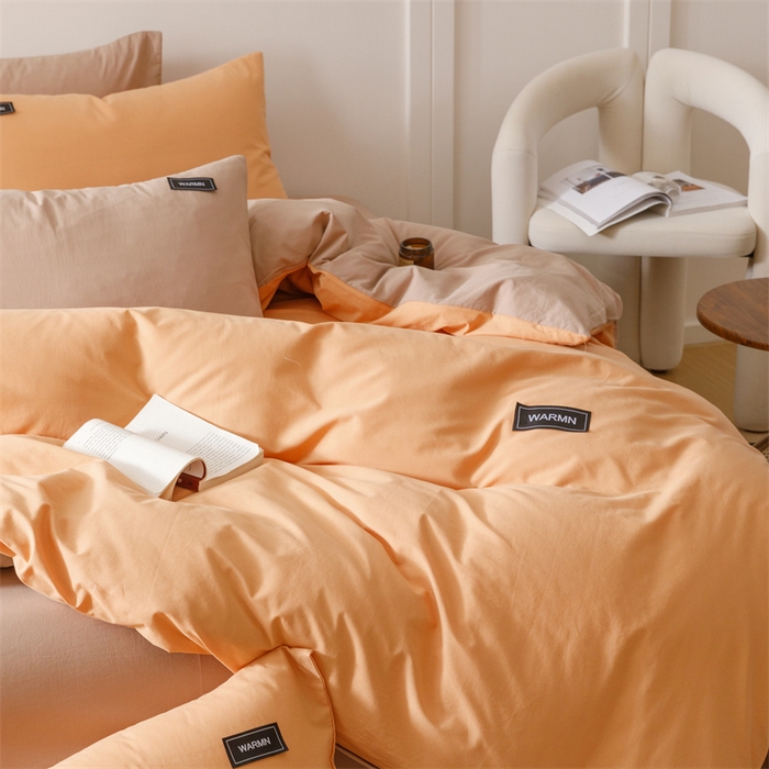 91家纺网 家纺一手货源 找家纺 趣色家纺 2025新款全棉双拼纯色四件套 焦糖+驼色