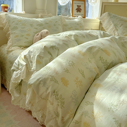 美梦家纺 2025新款A类全棉13372花边床盖四件套-白边 白边-萱草