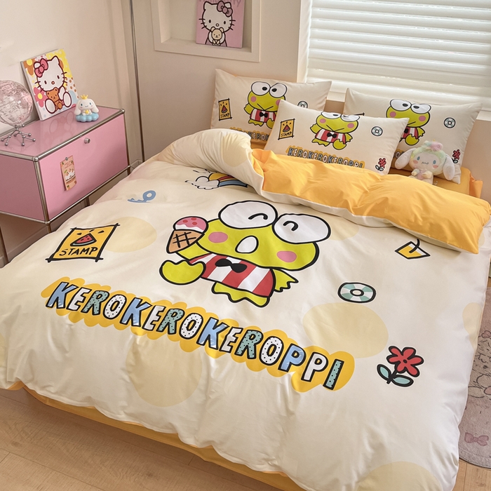 91家纺网 家纺一手货源 找家纺 金爱家 2025新款纯棉数码印花大阪三丽鸥四件套 假期快乐