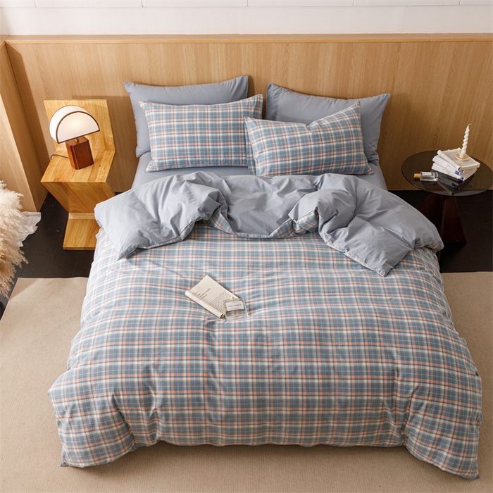 91家纺网 家纺一手货源 找家纺 趣色家纺 2025新款全棉色织水洗棉四件套 初晴蓝