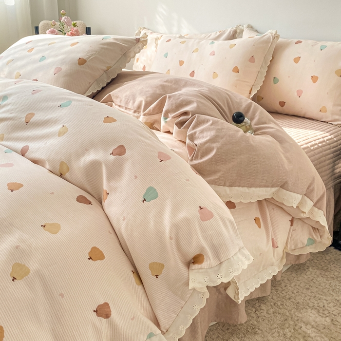 91家纺网 家纺一手货源 找家纺 梦可莱家居 2025新款全棉韩版蕾丝边床盖四件套 南瓜