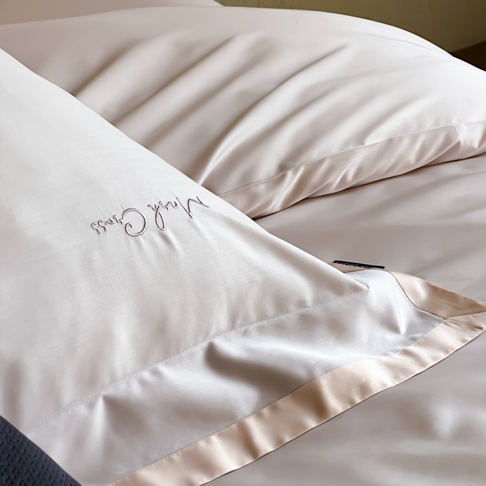 91家纺网 家纺一手货源 找家纺 佳汐蓝家纺  2025新款灵动撞色飞边100支超细旦天丝棉四件套 珍珠灰