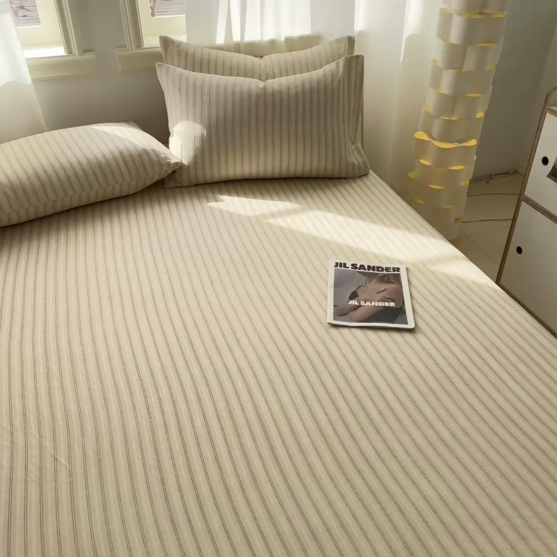 91家纺网 家纺一手货源 找家纺 眠博士2025新款 全棉双层纱 单床笠 双层纱床笠-灰咖条