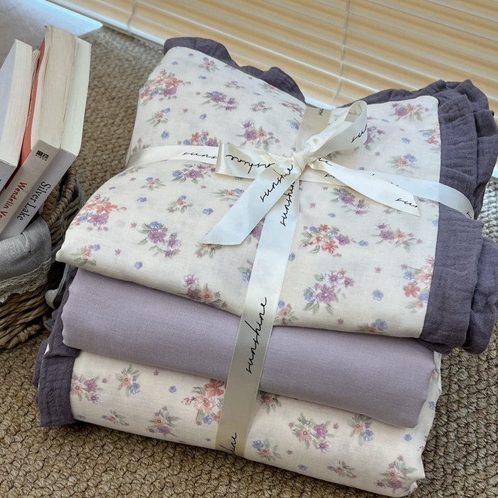 91家纺网 家纺一手货源 找家纺 荣轩 2024新款全棉印花双层纱四件套 皱皱纱花边款 一枝花芽