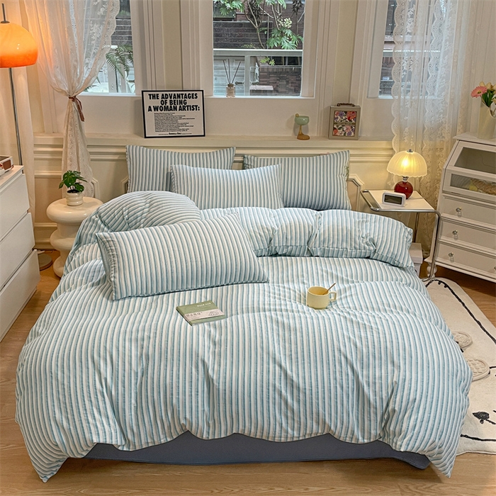 91家纺网 家纺一手货源 找家纺 盛秋家纺 2025新款水洗棉格子系列四件套莫拉绿+海清