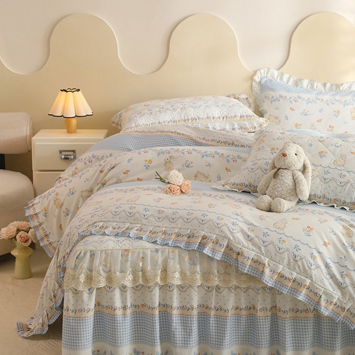 91家纺网 家纺一手货源 找家纺 美达家纺 2025新款全棉印花床裙四件套 花宠乐章-蓝