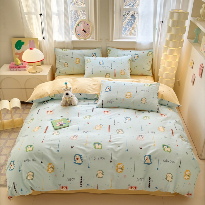 91家纺网 家纺一手货源 找家纺 清雅福 2025全棉13372小清新四件套和单被套早春系列第二批--单枕套 旺柴犬·蓝