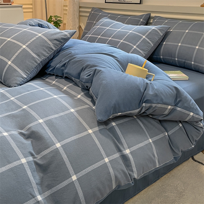 91家纺网 家纺一手货源 找家纺 盛秋家纺 2025新款水洗棉格子系列四件套 灰大格+蓝灰