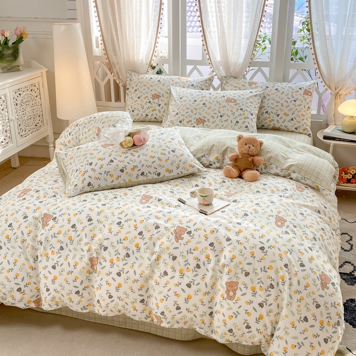 91家纺网 家纺一手货源 找家纺 帅露家纺 2025开春新品全棉喷气13070小清新印花纯棉全棉四件套 朵朵熊