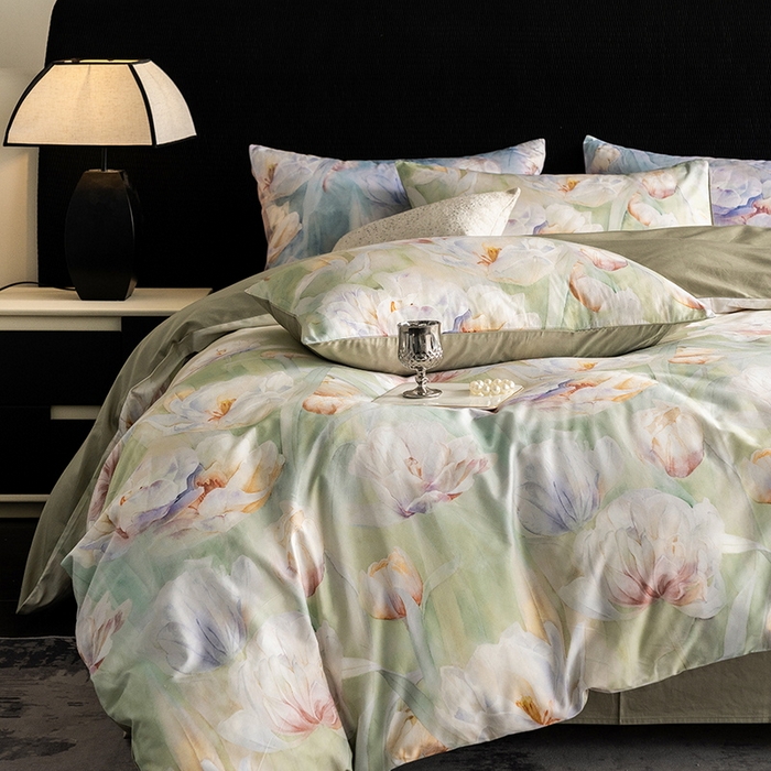 91家纺网 家纺一手货源 找家纺 立奥被业 2025新款60S数码印花四件套四件套 百合绿