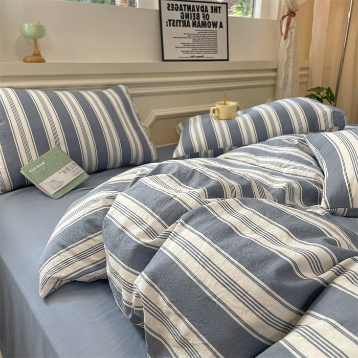 91家纺网 家纺一手货源 找家纺 盛秋家纺 2025新款水洗棉格子系列四件套蓝灰中条+海清