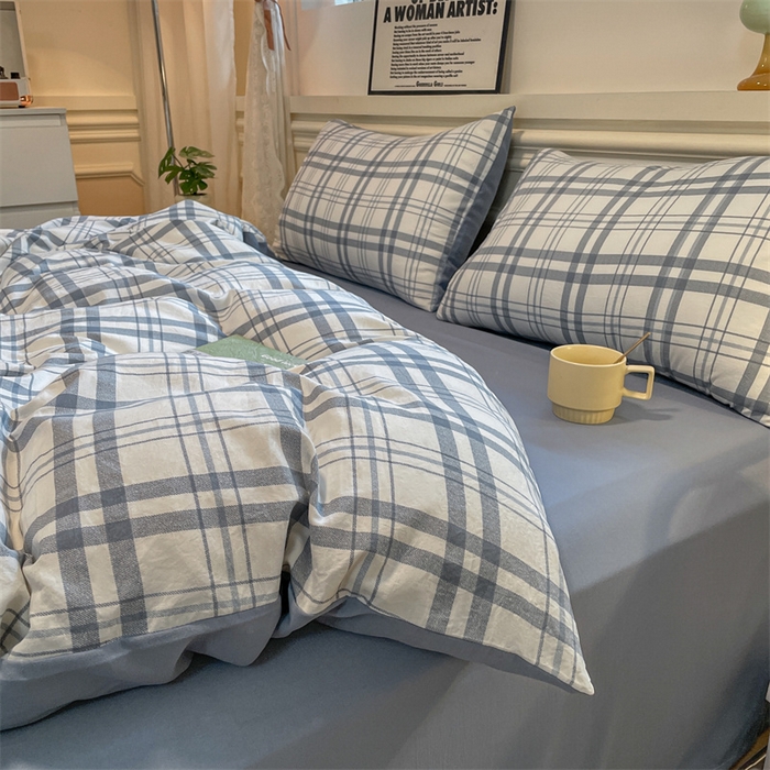 91家纺网 家纺一手货源 找家纺 盛秋家纺 2025新款水洗棉格子系列四件套 简约+海清