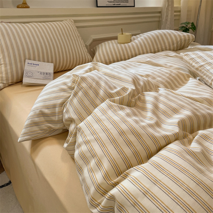 91家纺网 家纺一手货源 找家纺 盛秋家纺 2025新款水洗棉格子系列四件套芝士条纹+云初黄