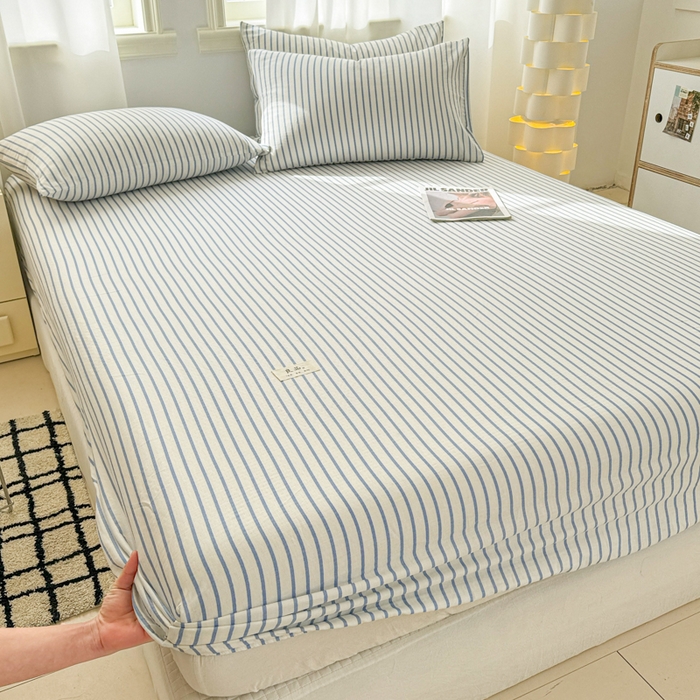 91家纺网 家纺一手货源 找家纺 眠博士2025新款 全棉双层纱 单床笠 双层纱床笠-白蓝条