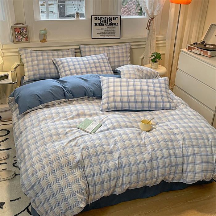 91家纺网 家纺一手货源 找家纺 盛秋家纺 2025新款水洗棉格子系列四件套 博克+蓝灰