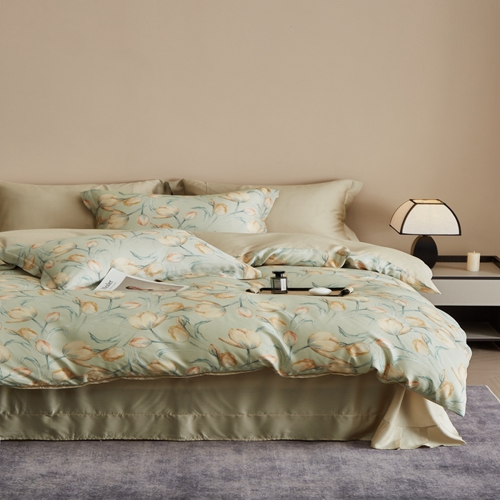 91家纺网 家纺一手货源 找家纺 顾家家居 2025新款莱塞尔数码印花四件套 林间蜜杏