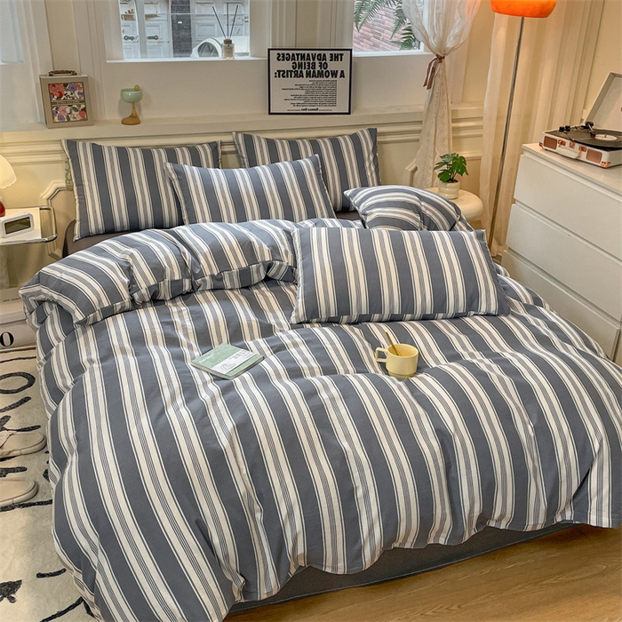 91家纺网 家纺一手货源 找家纺 盛秋家纺 2025新款水洗棉格子系列四件套黑灰中条+高级灰