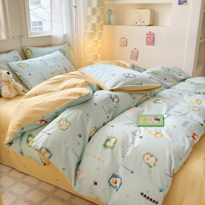 91家纺网 家纺一手货源 找家纺 清雅福 2025全棉13372小清新四件套和单被套早春系列第二批--四件套 旺柴犬·蓝