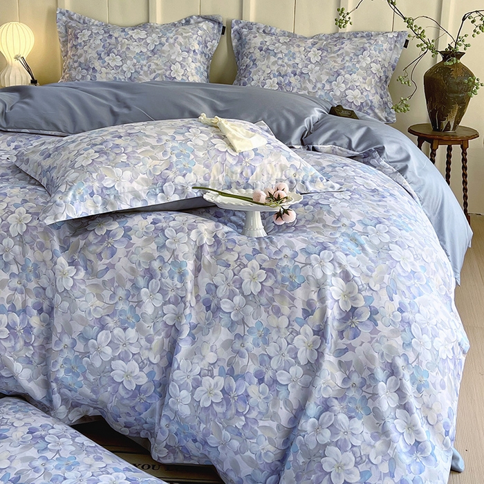 91家纺网 家纺一手货源 找家纺 梧桐树 2025新款100%全棉60S长绒棉套件 S24花雅蓝