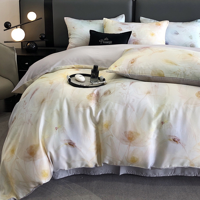 91家纺网 家纺一手货源 找家纺 立奥被业 2025年新款100%兰精天丝四件套天丝数码印花四件套 水仙灰