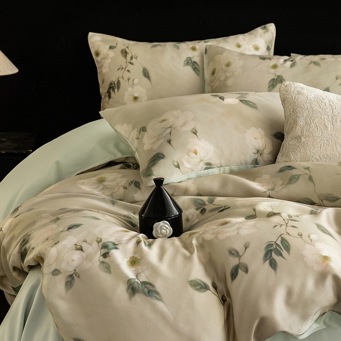 91家纺网 家纺一手货源 找家纺 立奥被业 2025年新款100%兰精天丝四件套天丝数码印花四件套 木兰花-绿