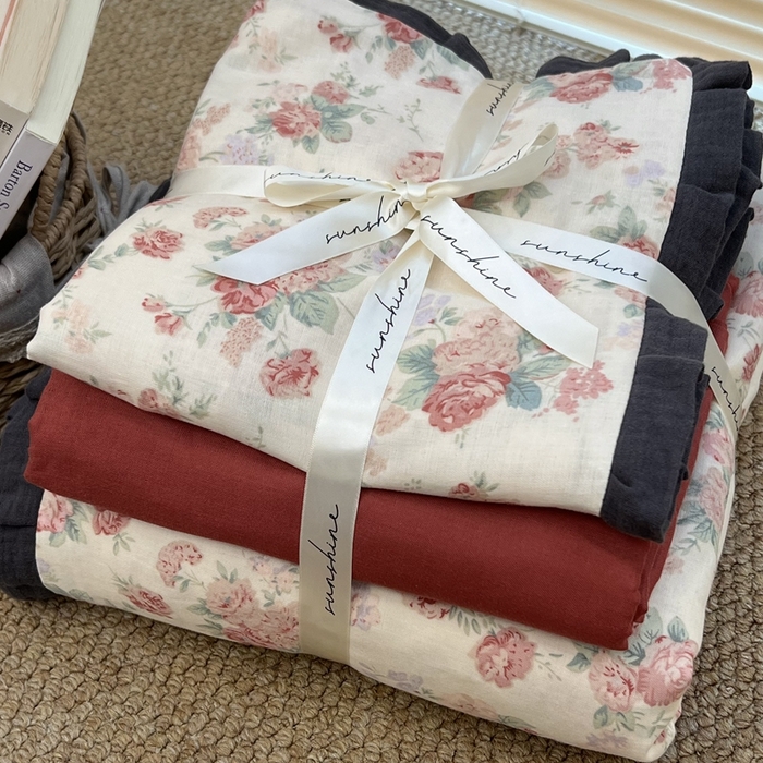 91家纺网 家纺一手货源 找家纺 荣轩 2024新款全棉印花双层纱四件套 皱皱纱花边款 月桂璎珞