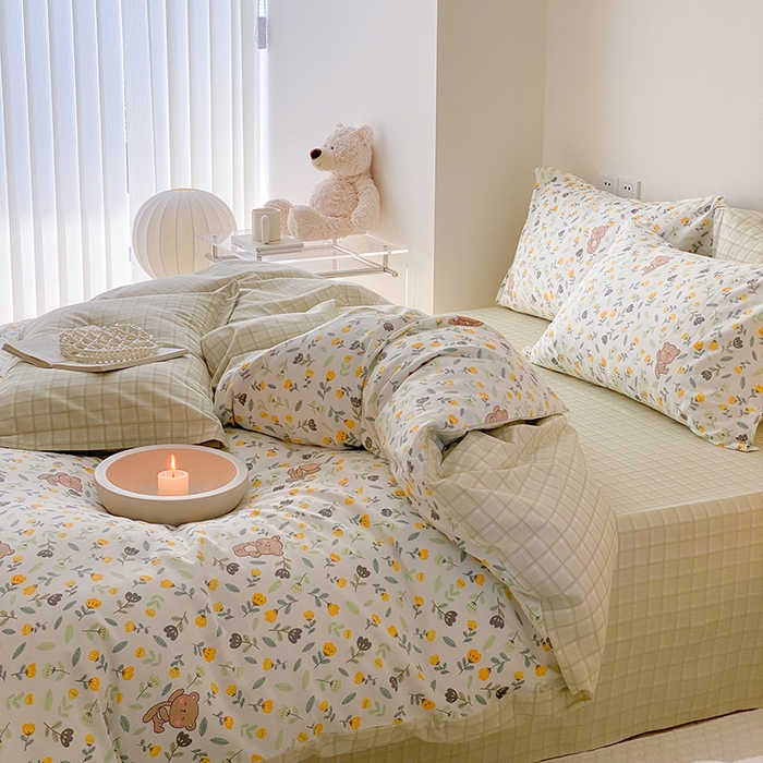 91家纺网 家纺一手货源 找家纺 帅露 2025开春新品全棉喷气13070小清新印花纯棉全棉四件套 朵朵熊