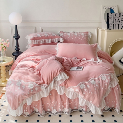 睡美人  2025新款韩版全锦棉糯糯棉蕾丝款公主风双层花边四件套 花舞-锦豆沙