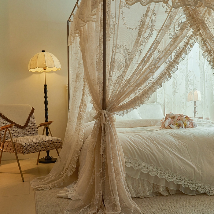 91家纺网 家纺一手货源 找家纺 都市缘蚊帐 2025新款A902穿杆落地宫廷蚊帐烤漆支架款 902薇尔庄园-奶油杏