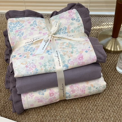 荣轩 2024新款全棉印花双层纱四件套 皱皱纱花边款 羽落兰鸢