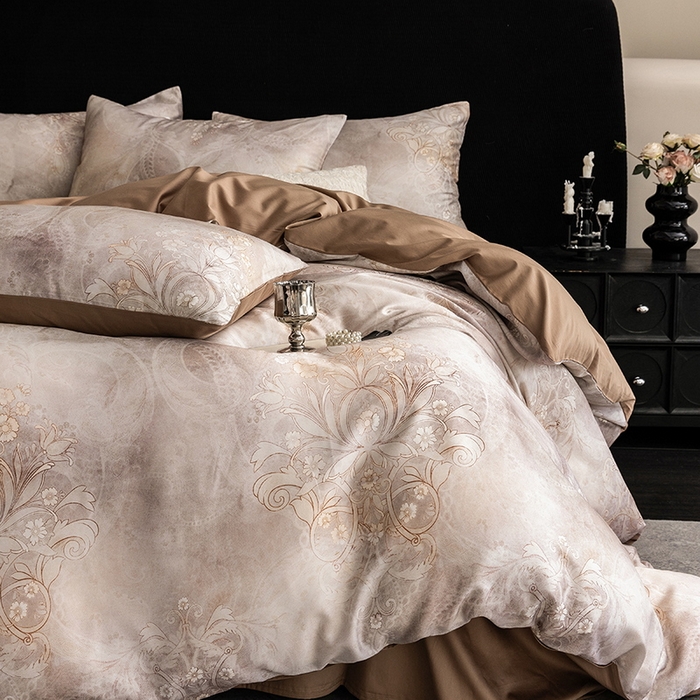 91家纺网 家纺一手货源 找家纺 立奥被业 2025新款60S数码印花四件套四件套 曼希-咖