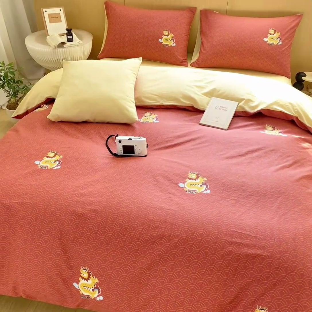 91家纺网 家纺一手货源 找家纺 帅露家纺 2025开春新品全棉喷气13070小清新印花纯棉全棉四件套 飞龙乘云